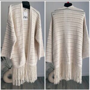 ZARA – Knit Cardigan With Fringes  – Natural Color – Size L/XL